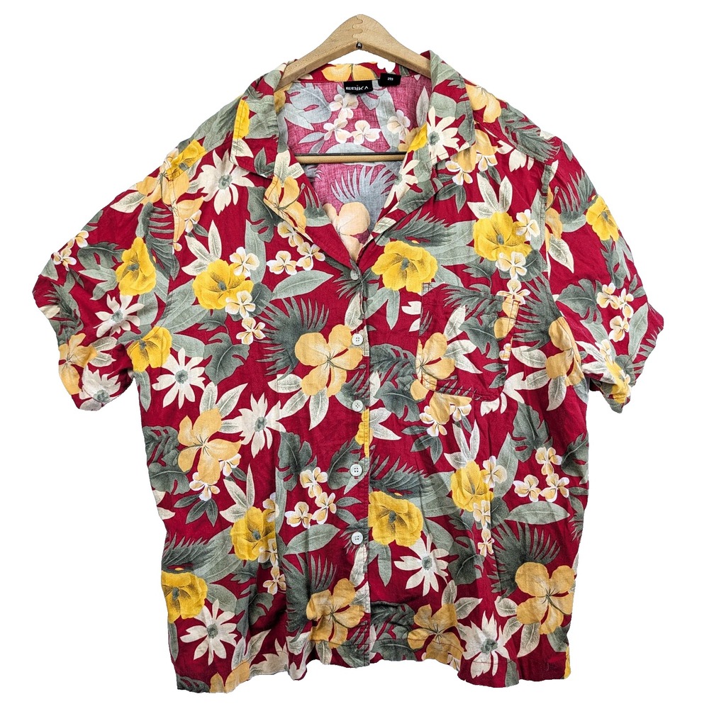 Vintage Erika short Sleeve Hawiian Red W/ Yellow Flowers Leaves 3X 255